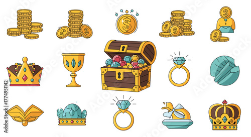 Collection of vibrant, flat vector illustrations depicting rich treasures, including stacks of gold coins, a treasure chest overflowing with colorful gems, royal crowns, a golden chalice, diamond
