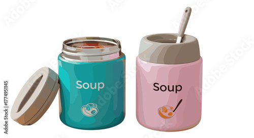 Two modern, stylish insulated food jars, one teal and one pink, designed for carrying soup or meals on the go, perfect for school, work, or travel, featuring clear 'Soup' labels and appealing