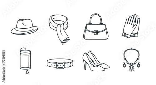 Set of outline fashion accessory icons, perfect for custom garment design and e-commerce. Includes essential items like a stylish hat, warm scarf, elegant handbag, protective gloves, a classic belt