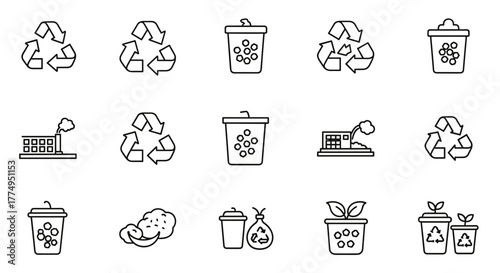 Collection of outline vector icons representing waste management and environmental concepts, including recycling symbols, trash cans, landfill, pollution from factories, composting, and plant growth