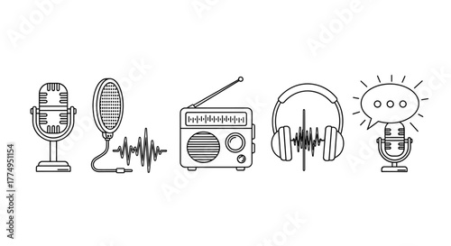 A collection of vintage and modern microphones, including a classic broadcast microphone, a retro radio microphone, and a modern podcast microphone, presented as a clean vector illustration on a
