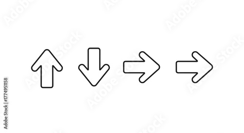 Collection of four outline arrow icons: up, down, right, and left, presented on a black background with editable stroke, perfect for infographics, articles, books, flyers, and banners, rendered in a