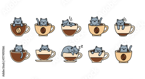 Charming Collection of Adorable Gray Cats Lounging in Coffee Cups, Featuring Various Poses and Expressions, Perfect for Coffee Shop Branding and Whimsical Designs, Vector Cartoon Illustration