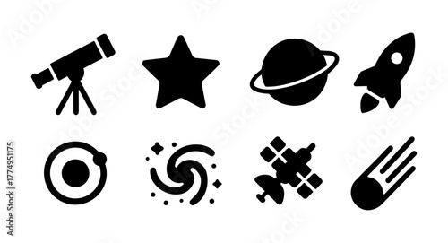 Silhouette icons of space elements including planets, telescope, and rocket