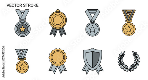 Set of eight flat design award icons including medals with stars, rosettes, a shield, and a laurel wreath, perfect for web, apps, and print. Vector cartoon illustration with editable stroke and a