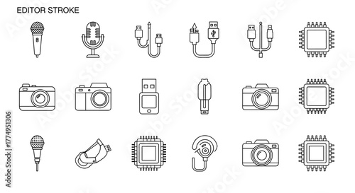 Collection of outline icons representing technology and media, including microphones, USB cables, cameras, and computer chips, perfect for infographics, articles, books, flyers, and banners, with