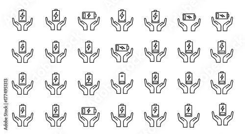 Vivid and descriptive outline line icon of lightning within a battery, positioned above open hands, perfect for graphic and web design, app interfaces, advertisements, and various card designs. This
