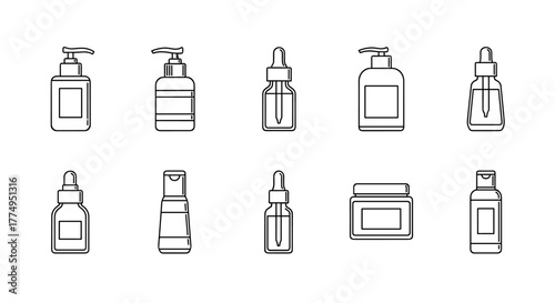 Set of minimalistic white line art icons of cosmetic bottles and jars on a black background, representing skincare products, beauty, and self-care. Includes pump bottles, dropper bottles, and cream