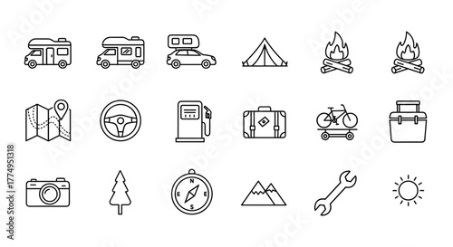 Collection of motorhome and car related line icons, including outline signs for graphic and web design, apps, adverts, and various cards, presented as a vector cartoon illustration with a clean