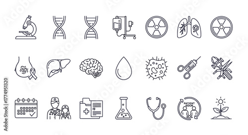 Oncology icons set, vector editable stroke, featuring a microscope, DNA, IV drip, radiation symbol, lungs, blood drop, brain, virus, syringe, calendar, doctors, medical folder, flask, stethoscope