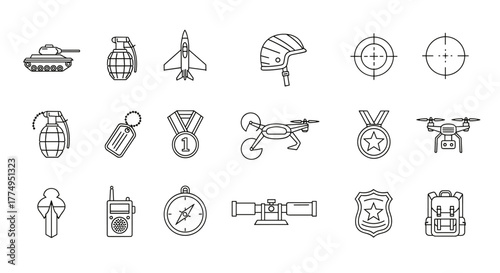 A comprehensive collection of army-related line icons, featuring military and defense outline signs perfect for graphic and web design, app development, advertisements, and various card designs