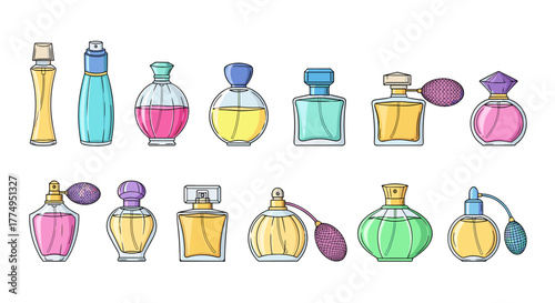 Collection of diverse perfume bottles in various shapes, colors, and styles, including vintage atomizers and modern designs, presented on a clean white background, perfect for graphic design
