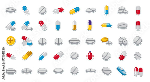 Vivid collection of flat-style pill and capsule sticker icons, featuring a variety of shapes, colors, and sizes, including a medical tablet with a plus sign, presented on an isolated black