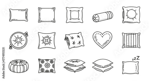 Collection of line art icons representing various pillows and cushions, including rectangular, square, bolster, round, heart-shaped, and floral designs, perfect for infographics, articles, books