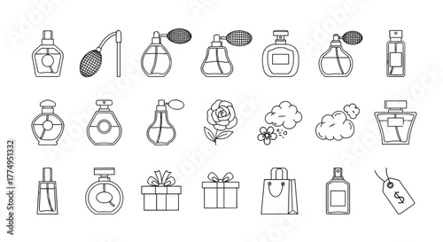 Collection of outline icons representing perfume bottles, atomizers, roses, gift boxes, shopping bags, and price tags, perfect for graphic and web design, apps, adverts, and various cards, presented