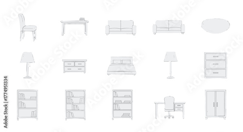 Collection of clean, minimalist line art icons representing various furniture pieces, including sofas, beds, chairs, desks, lamps, bookshelves, dressers, and wardrobes, set against a plain white