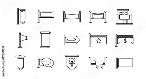 A collection of street banner related line icons, featuring outline signs perfect for graphic and web design, apps, adverts, and various cards. This vector cartoon illustration showcases a versatile