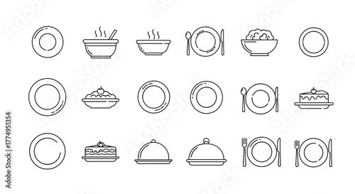 A collection of minimalistic linear outline icons representing plates, bowls, and food items, perfect for web and graphic design, apps, banners, social networks, and cards. This vector set offers a