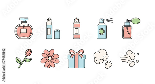 Set of flat icons representing perfume bottles, spray cans, a flower, a gift box, and scent clouds, perfect for graphic design, web sites, cards, books, and articles, presented as a vector cartoon
