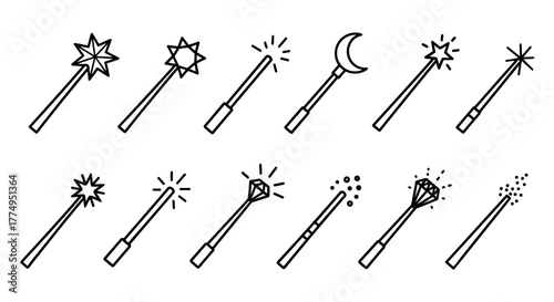 Collection of ten thin line art magic wands, including star, moon, and diamond designs, with sparkling effects, suitable for web, books, cards, and apps, presented as a vector cartoon illustration on