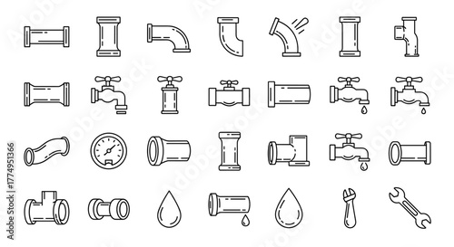 Collection of thin pipe icons with editable stroke, suitable for websites, books, cards, and apps, presented as a vector cartoon illustration on a white background, ordered and ready for use in