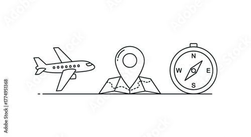 Set of thin line icons representing travel and navigation: an airplane, a map pin with a folded map, and a compass. These outline signs are perfect for graphic and web design, apps, adverts, and