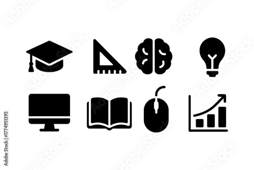 Educational icons set: silhouette design featuring learning and technology symbols