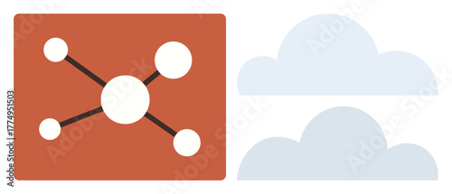 Data network diagram with nodes and a red background next to minimalistic blue cloud shapes. Ideal for connectivity, technology, cloud storage, data sharing, innovation, analysis, simple flat