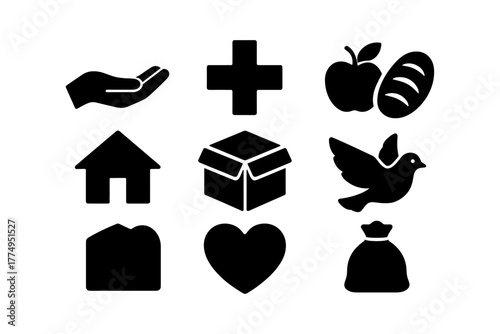 Simple icons representing charity, health, and community essentials