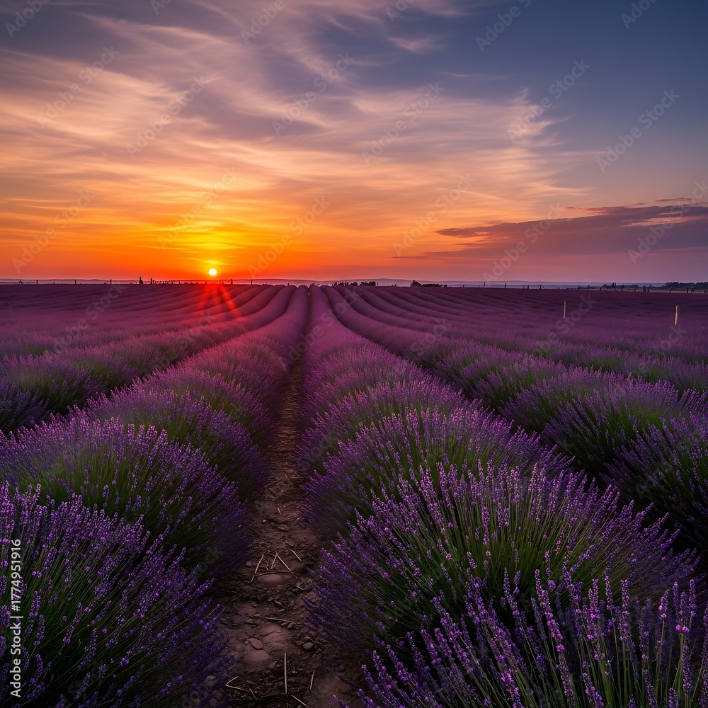 Obraz premium Lavender Field Sunset - A Majestic Display of Natures Beauty.