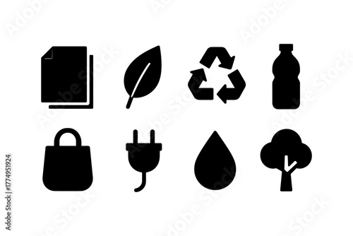 Eco icons set featuring recycling, renewable energy, and sustainability elements