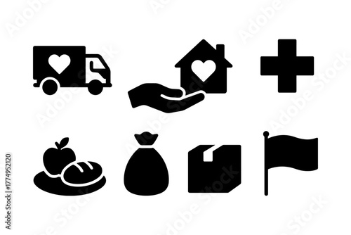 Charity and aid icons set: healthcare, shelter, and food silhouettes in black