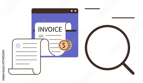 Collection of invoices and magnifying glass symbolizing financial review, billing, auditing, payment processing, business accounting, cost management, and transaction efficiency simple flat metaphor