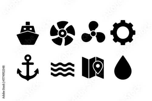 Nautical icon set featuring ships, anchor, wave, and navigation symbols in silhouette style