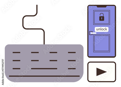 Keyboard, locked door with unlock label, and play button convey digital access, security, and control. Ideal for cybersecurity, passwords, user access, tutorials digital locks encryption simple