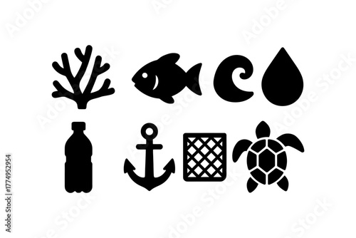 Ocean pollution icons: marine life, waste, and conservation symbols in silhouette design