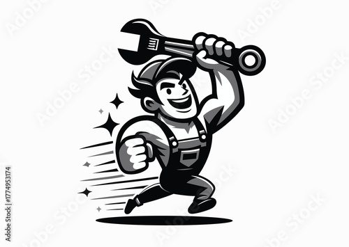 Mechanic rushes to help, black and white vector illustration