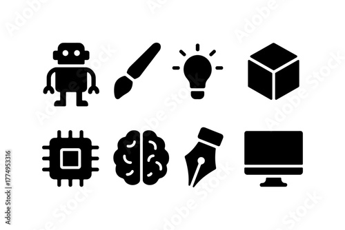 Minimalist technology and innovation icons set featuring robotics and ai