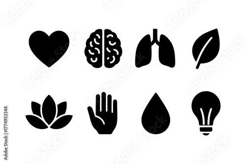 Collection of minimalist health and wellness icons in silhouette style