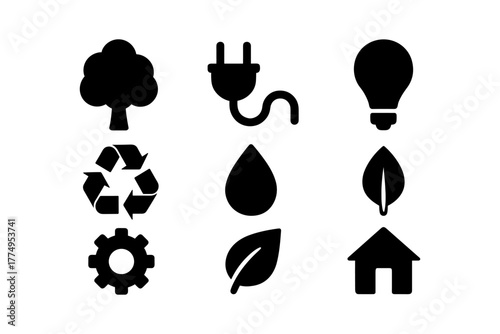 Eco icons set: sustainable energy, nature conservation, and renewable resources silhouettes