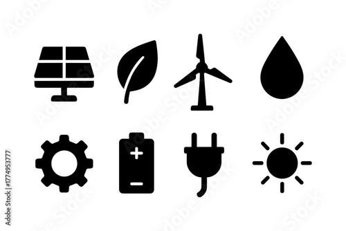 Eco-friendly energy icons: solar, wind, power, and sustainability symbols