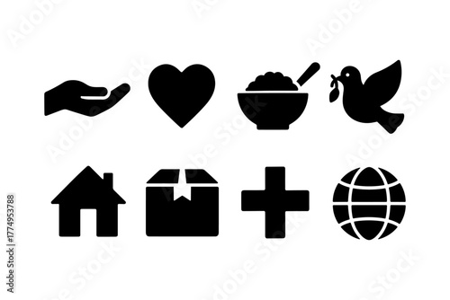 Charity icons set: heart, dove, food, home, and global symbols for community support
