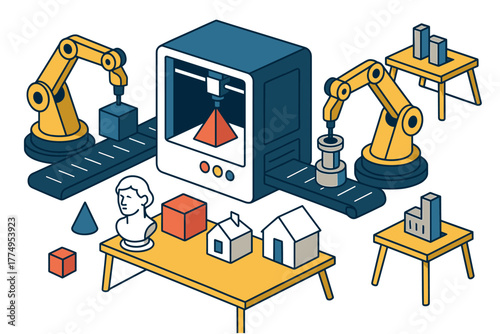 Modern isometric 3d printing technology with robotic arms and industrial objects