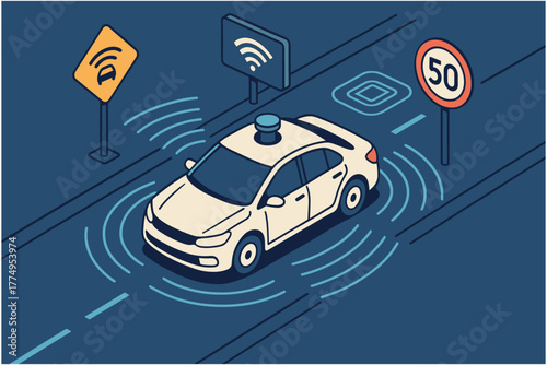 Isometric self-driving car with sensors on road with traffic signs and wireless signals