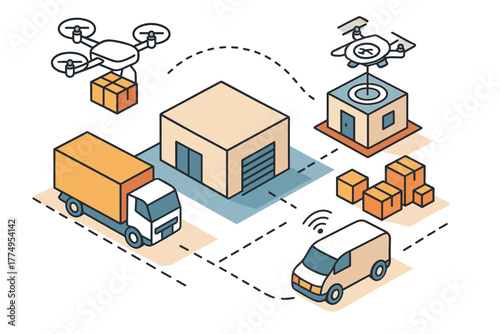Efficient warehouse logistics with drones and vehicles in isometric design
