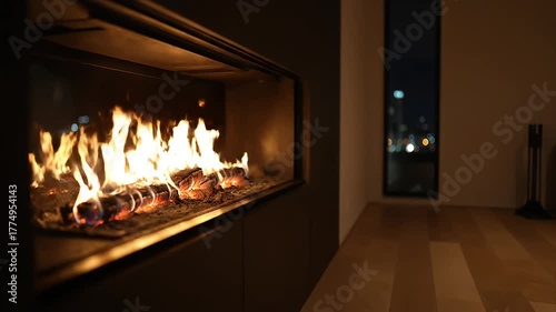 Warm and inviting modern fireplace with burning logs creating a cozy ambiance in a luxury living room at night with city lights in the background