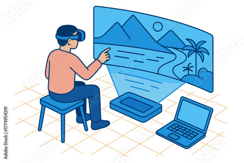 Immersive virtual reality experience with vr headset and digital landscape