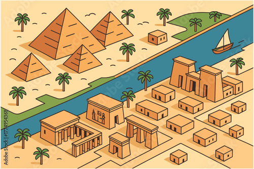 Ancient egyptian landscape with pyramids and nile river in isometric design