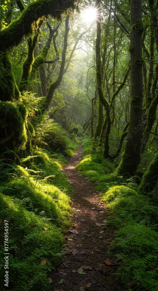 Fototapeta premium Sunlight streams through a lush temperate forest canopy, illuminating the vibrant green moss and foliage along a quiet woodland path ,woods ,trail ,foliage