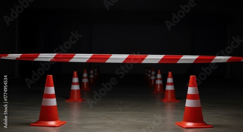 Red and white barrier tape stretched across a boundary marked by cones, visually restricting access to a prohibited area or limited zone ,danger ,access ,forbidden